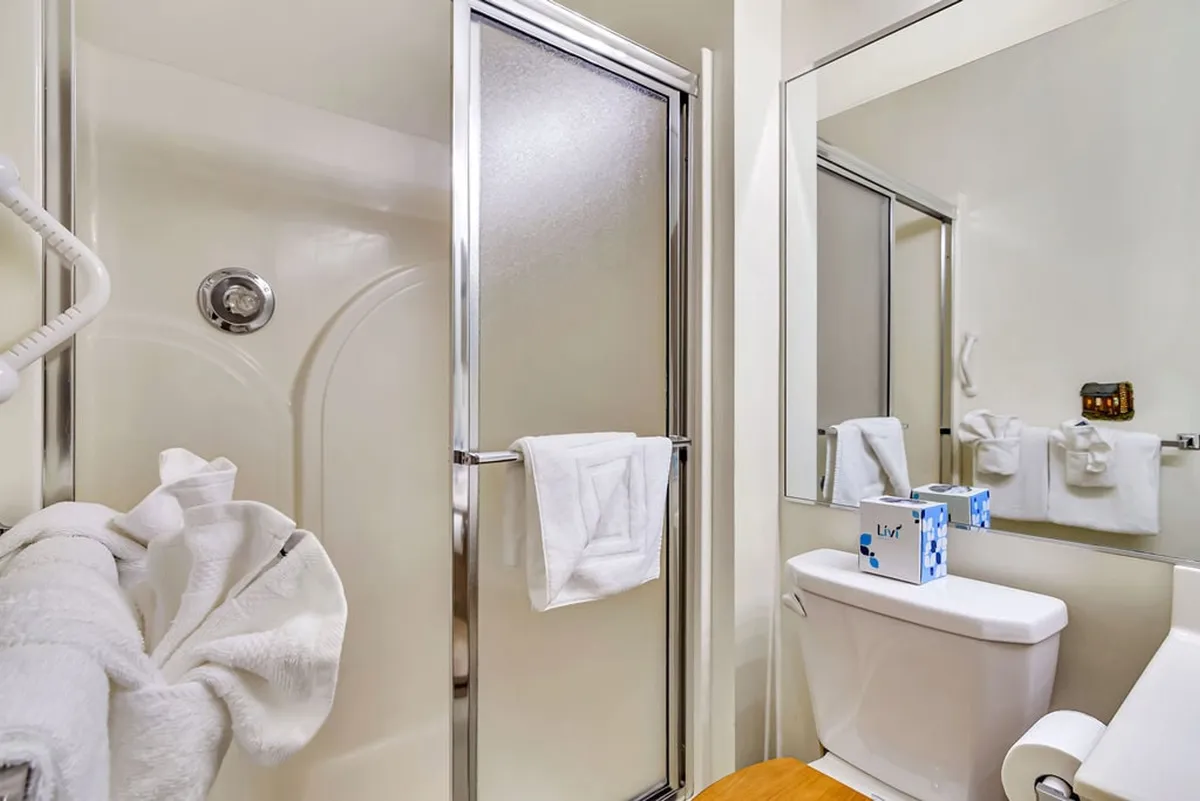 A modern bathroom featuring a glass-enclosed shower area, toilet, a large mirror, and neatly folded towels. The clean design and soft lighting create a serene, spa-like ambiance perfect for refreshing after a busy day.